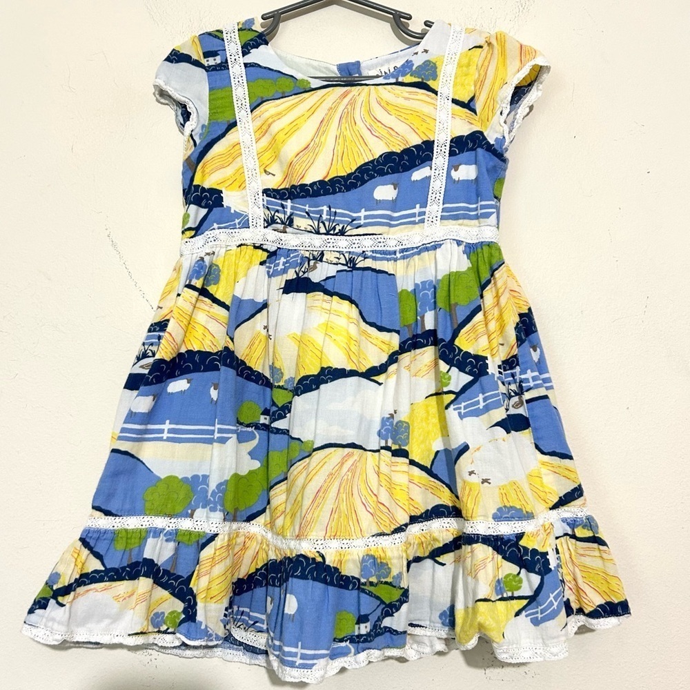 Mini Boden Countryside Sheep Blue & Yellow Cotton Dress SIZE 4/5